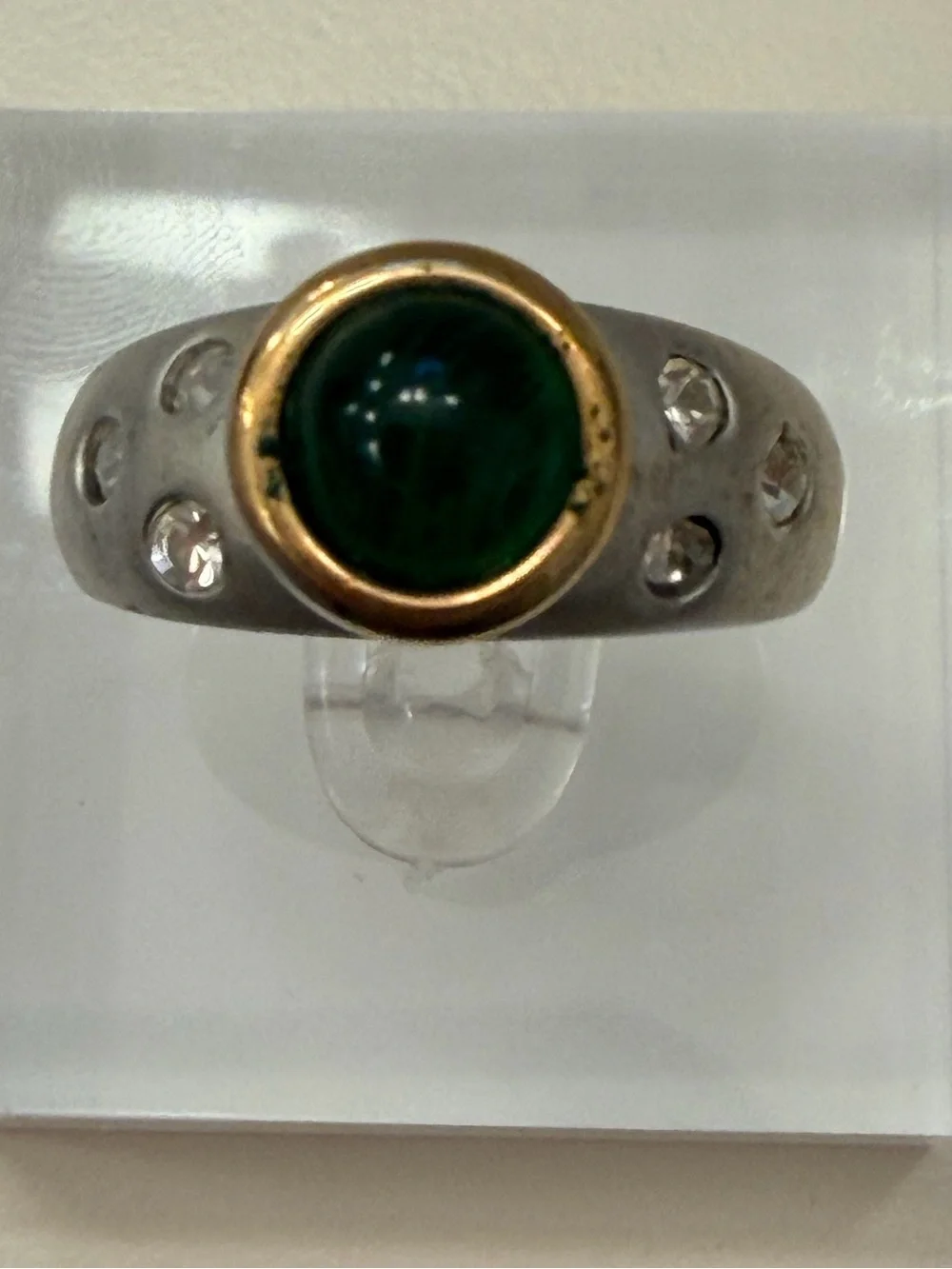 Silver-Tone Green Cabochon Clear Stone Statement Ring, Size 7.5-8